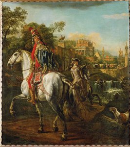 Retrato equestre de um oficial hussardo (pintura sobre tela) de Bernardo Bellotto