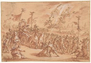 Um bispo santo ajoelha-se ao lado da procissão de um Imperador Romano de Bernardo Castello (attributed to)