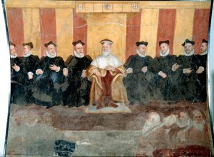 O Doge de Genes Giacomo Durazzo Grimaldi (cerca de 1503-1579) rodeia com Senadores Fresco por Bernardo Castello (1557-1629) Século XVI Genes, Museo di Sant 