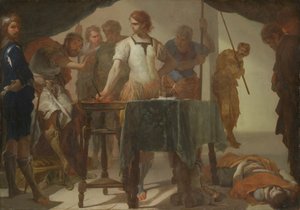 Mucius Scaevola em confronto com o rei Porsenna de Bernardo Cavallino