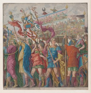 Folha 1: Soldados carregando bandeiras representando as façanhas militares triunfantes de Júlio César,..., 1599.