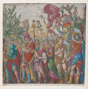 Folha 7: procissão de músicos e outros segurando estandartes, de O Triunfo de Júlio ..., 1599.