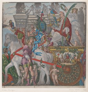 Folha 9: Júlio César em sua carruagem puxada por cavalos, de O Triunfo de Júlio César, 1599.