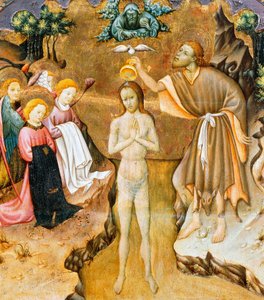 Batismo de Cristo, detalhe da predela de um retábulo da Catedral Vicentina, de Bernat Martorell (ca 1400-1452), pintado em madeira. Arte gótica catalã.