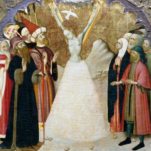 O Martírio de Santa Eulália, detalhe da predela de um retábulo da Catedral Vicentina, de Bernat Martorell (ca. 1400-1452), pintado em madeira. Arte gótica catalã.