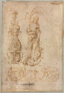 Design para um candelabro, figura alegórica de abundância, design ornamental em relevo, c. 1490s. de Bernardo Parentino