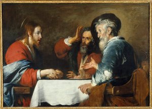 Cristo tem Emaús Cristo aparece aos peregrinos sentados à mesa em uma pousada em Emaús. Pintura de Bernardo Strozzi (1581-1644) 1640 Sol. 1,24x1,72 m Grenoble, Musee des Beaux Arts de Bernardo Strozzi