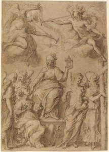 Ecclesia cercada por anjos segurando os instrumentos da paixão de Bernardo Strozzi