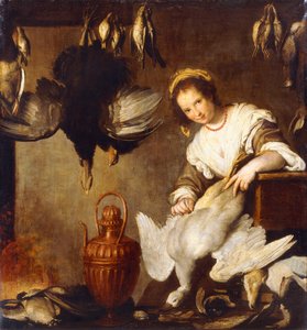La Cuoca - Uma empregada de cozinha arrancando um ganso no interior, de Bernardo Strozzi