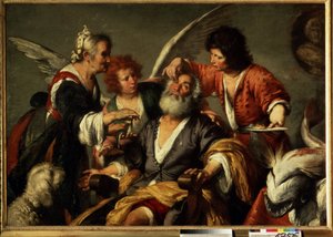 A cura de Tobit. A conselho do Arcanjo Rafael, o jovem Tobias usa o fel de um peixe para restaurar a visão de Tobias, seu pai. Pintura de Bernardo Strozzi (1581-1644). Óleo sobre tela
