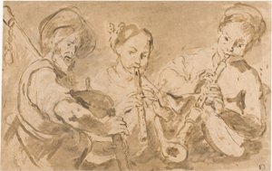 Três músicos a tocar trompa e gaita de foles de Bernardo Strozzi
