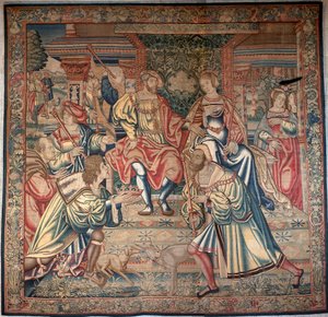 Ciclo de Édipo: Édipo e Jocaste - À esquerda, Édipo figura o enigma da esfinge, ao centro, Édipo senta-se no trono ao lado da rainha Jocaste, sua mãe - Tapeçaria