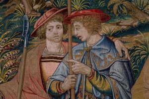 Tapeçaria flamenga. Série A Fundação de Roma: Faustulus encontra Romulus e Remus. Cartoonista Barend van Orley (?). Fabrico em Bruxelas. 1525-1530. Detalhe.