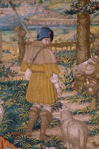 Tapeçaria flamenga. Série A Fundação de Roma: Faustulus encontra Romulus e Remus. Cartoonista Barend van Orley (?). Fabrico em Bruxelas. 1525-1530. Detalhe.