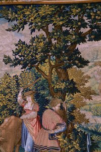 Tapeçaria flamenga. Série A Fundação de Roma: Faustulus encontra Romulus e Remus. Cartoonista Barend van Orley (?). Fabrico em Bruxelas. 1525-1530. Detalhe.