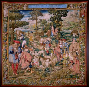 tapeçaria flamenga. Série A Fundação de Roma: Faustulus encontra Rômulo e Remo. O cartunista Barend van Orley (?). Fabricação de Bruxelas. 1525-1530.