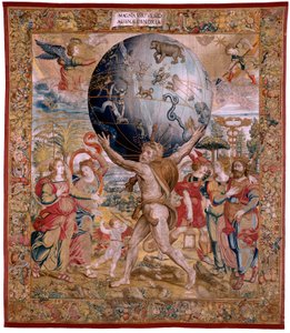 tapeçaria flamenga. Série As Esferas. Hércules apoiando a esfera celeste (Hércules sostiene la esfera celeste). Primeira tapeçaria da série. Modelo Barend van Orley ou Pieter Coecke van Aelst. 1525-1530. Manufatura Joris Vezeleer (Georg Wezeler)?, B