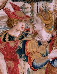 Tapeçaria flamenga. Série As Esferas. Hércules que suporta a esfera celeste (Hércules sostiene la esfera celeste). Primeira tapeçaria da série. Modelo Barend van Orley ou Pieter Coecke van Aelst. 1525-1530. Fabricação de Joris Vezeleer (Georg Wezeler)?