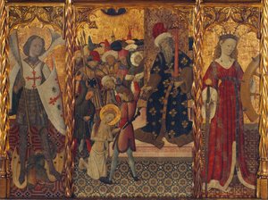 São Miguel e Santa Catarina, enquadrando o martírio de Santa Eulália de Barcelona (289-304) - Pintura de Bernat Martorell (1390-1452), têmpera sobre madeira (143,5x188 cm), cerca de 1442-1445 - São Miguel, Martírio de São Miguel Eulália e Santa Catarina, T