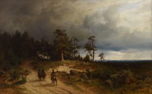 Paisagem na Finlândia Oriental com cossacos montados