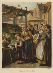 Cena em um mercado (lito colorido) de Bernhard Muhlig