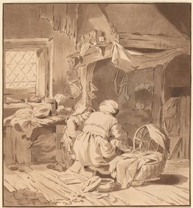 Interior de uma casa camponesa com duas mulheres, 1772, publicado em 1787. de Bernhard Schreuder