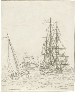 Navio de guerra e três veleiros em alto mar