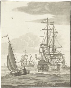 Navio de guerra e três veleiros em alto mar