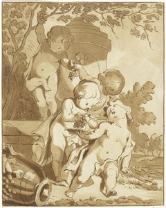 Quatro putti a colher uvas junto a um vaso