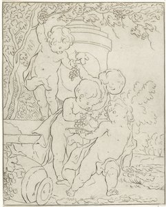 Quatro putti a colher uvas junto a um vaso