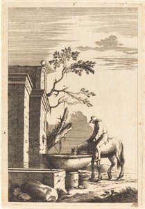 Cavalo e cavaleiro em uma fonte de Bernhard Zaech after Jonas Umbach