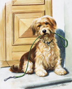 Cão com uma trela na boca (guache sobre papel)
