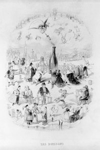 Bebidas: uma multidão em adoração diante de uma garrafa de vinho e os diferentes tipos de bebidas em Brillat - Savarin ilustrado por Bertall. Paris 1840.Jean Anthelme Brillat Savarin (Brillat-Savarin) (1755-1826) gastrónomo francês.