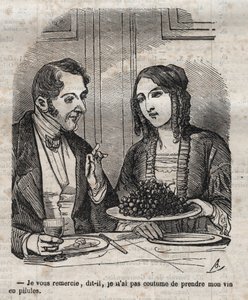 Obrigado, não estou habituado a tomar o meu vinho em comprimidos (uva) - gravura em "La Physiologie du gout" de Jean Anthelme Brillat Savarin (Brillat-Savarin