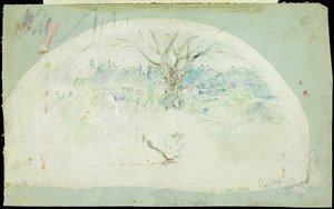 Fan retratando Bougival, 1884 (óleo, lápis e wc em seda) de Berthe Morisot