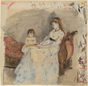 The Artists Sister, Edma, com sua filha, Jeanne, 1872 (wc sobre grafite sobre papel) de Berthe Morisot