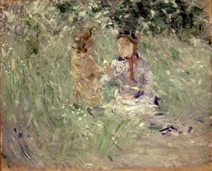 Mulher e criança num prado em Bougival de Berthe Morisot