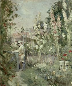 Menino jovem, em, a, hollyhocks de Berthe Morisot
