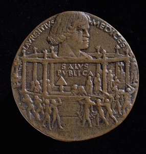 Medalha com o chefe de Lorenzo De&39;Medici (1449-92) comemorando a conspiração de Pazzi de 1478 (reto) (bronze) (para verso ver 120956)