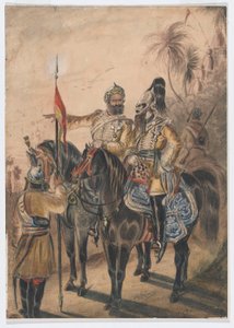 Dois oficiais montados e um sowar desmontado, 4ª Cavalaria Irregular de Bengala, c.1850 (aquarela) de Bethune Donald Grant