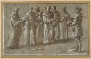 Seis professores de anatomia, discutindo um crânio e membros esfolados (caneta e tinta marrom com lavagem marrom e altura) (ver também 404475) de Biagio Pupini