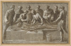 Seis professores de anatomia, dissecando um cadáver masculino esfolado (caneta e tinta marrom com lavagem marrom e aumento) (ver também 404475) de Biagio Pupini