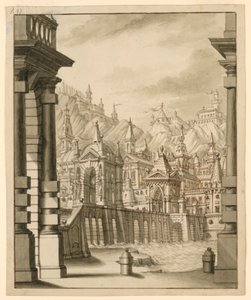Design de palco, cidade na colina com edifícios com torres de Bibiena Family, 1657