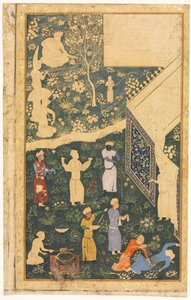 Músicos e Servos Fora de um Acampamento Real reto, c. 1485 de Bihzad