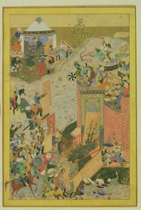 Assalto a um Castelo, Persa, Período Timúrida (1370-1506) c.1475-1500 (wc e folha de ouro sobre papel) de Bihzad attr. to Bihzad attr. to