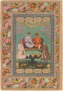 Jahangir Entertains Shah Abbas from the St. Petersburg Album, c.1620 (aguarela, ouro, tinta sobre papel) de Bishandas