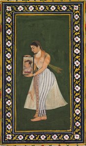 Nur Jahan segurando um retrato do imperador Jahangir de Bishandas