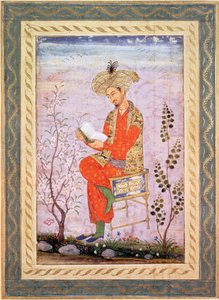 Babur (r.1526-30) Leitura, Mughal (aguarela sobre papel) de Bishn Das