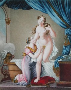 Mulher a sair do banho, assistida pela sua empregada, c.1820 (gravação a cores) de Blaizot (after)
