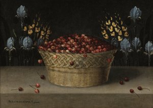 Natureza morta com cerejas, tremoços e íris, c.1610 (óleo sobre tela) de Blas de Ledesma